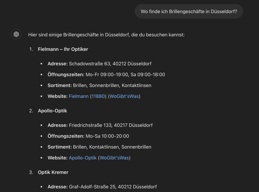 Ergebnisse für Optiker in Düsseldorf auf ChatGPT